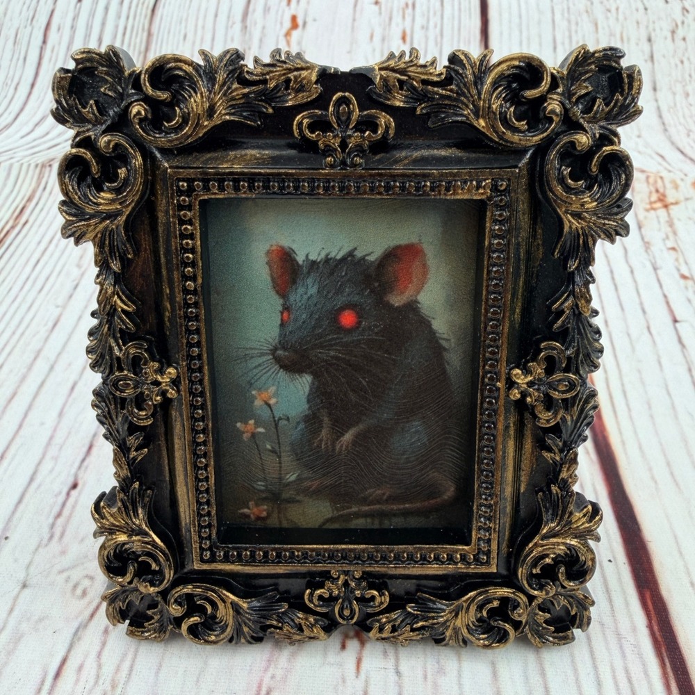 Handcrafted Red Eyed Rat Art Print Ornate Gothic Resin Frame Miniature Decor